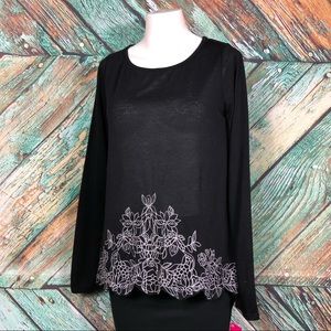 D0 - Xhiliration| NWT Black Long Sleeve Tunic with White Embroidery- S